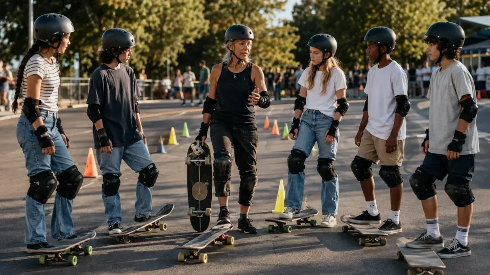 Veteran female skateboarder coaching younger riders beside a slalom course.