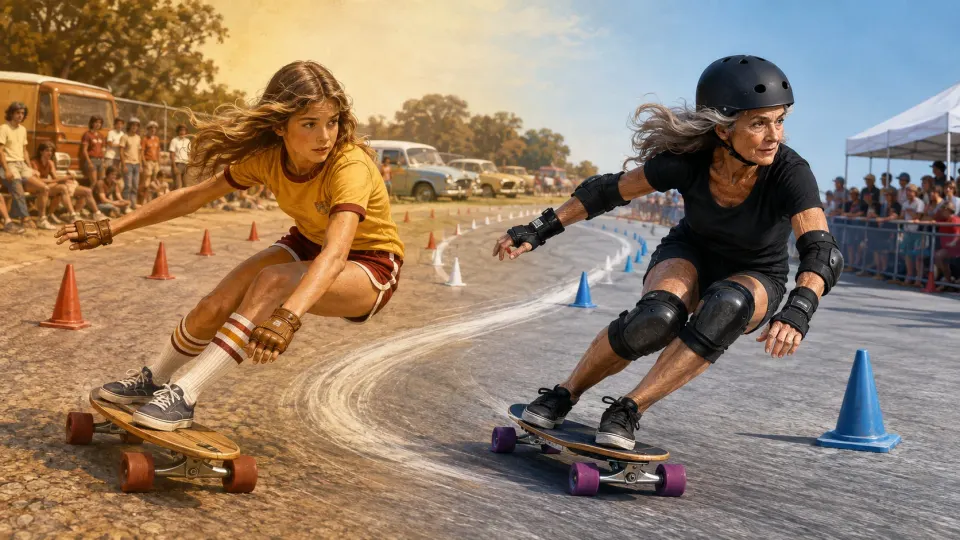 Illustration showing a female skateboarder progressing from a teenage racer in the 1970s to a modern competitor at 66.
