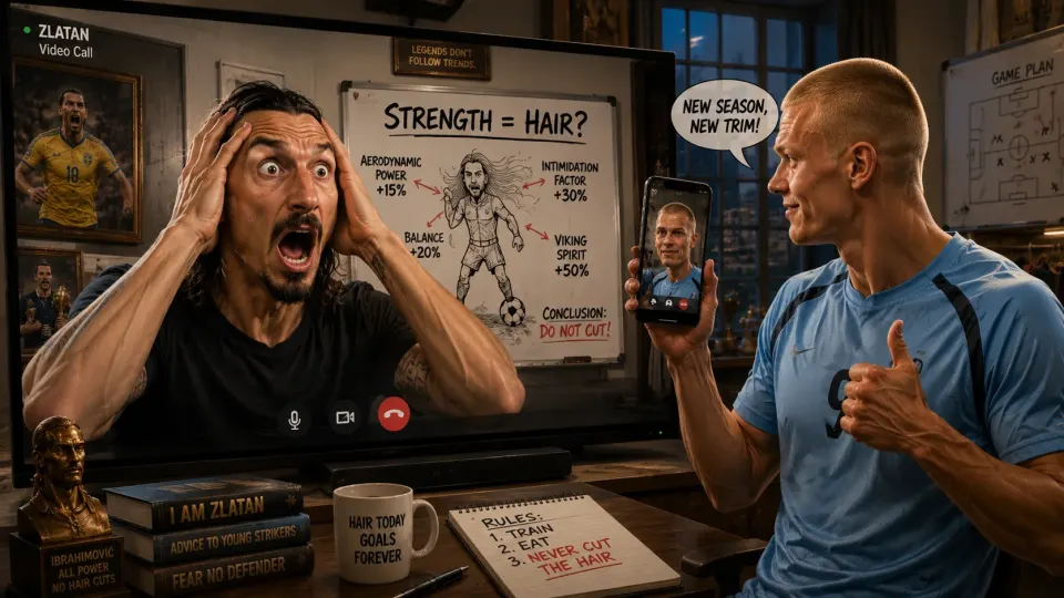 Humorous editorial illustration of a shocked retired football legend reacting on a video call as a blond striker proudly reveals his dramatically shortened haircut.