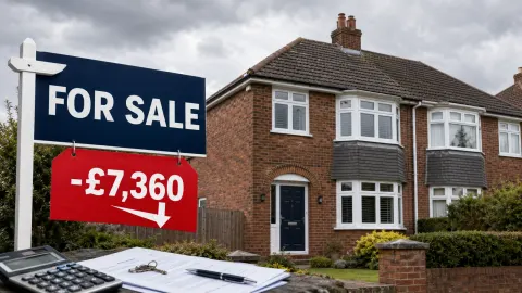 British semi-detached house with a For Sale sign showing a £7,360 price reduction.