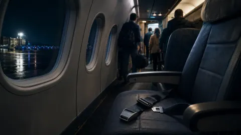 Editorial illustration of an empty aircraft seat with an unfastened seatbelt as passengers leave a plane at night.