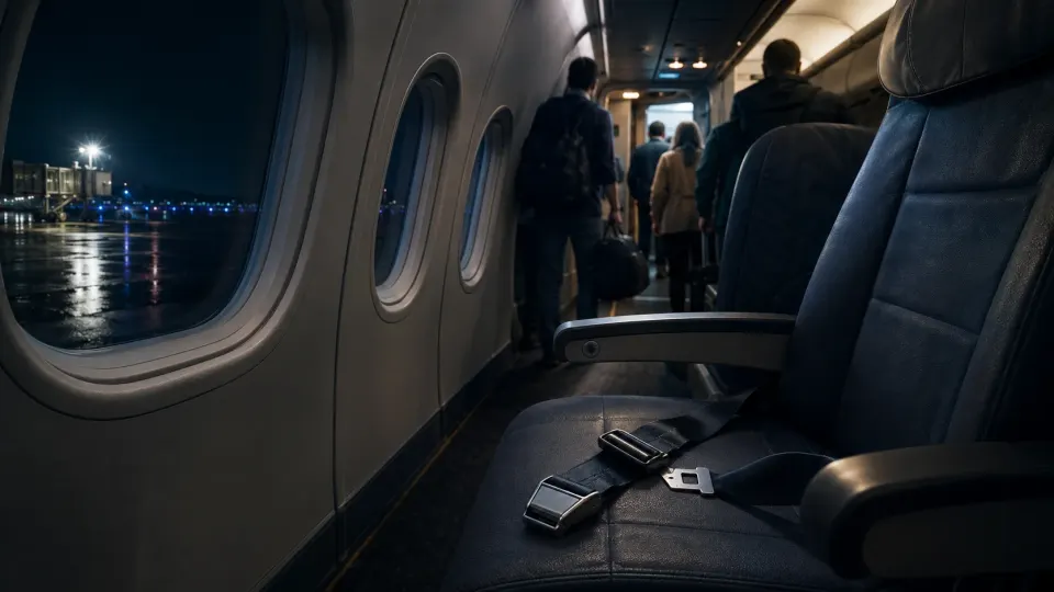 Editorial illustration of an empty aircraft seat with an unfastened seatbelt as passengers leave a plane at night.