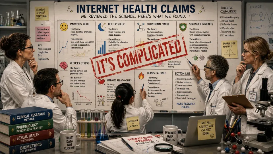 Humorous illustration of scientists examining exaggerated internet health claims about sexual activity in a laboratory.