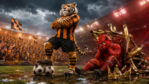 Triumphant tiger standing over two footballs beside a defeated red devil mascot and a collapsed golden throne.