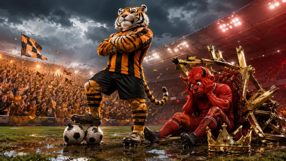 Triumphant tiger standing over two footballs beside a defeated red devil mascot and a collapsed golden throne.