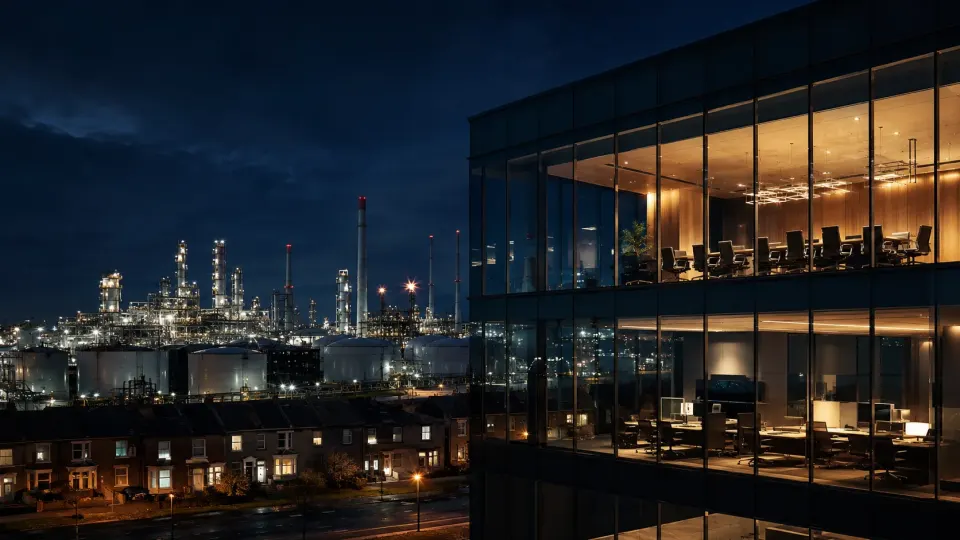 Glass corporate offices and oil and gas infrastructure glowing at night above nearby homes.