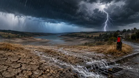 Heavy rain and lightning over cracked ground, with water running into a roadside drain beside a depleted reservoir.