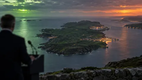 Editorial illustration of Ireland at dusk with green and orange light as a blurred diplomatic podium overlooks the coast