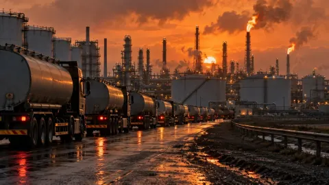 Editorial illustration of tanker lorries queued outside a refinery at dusk amid a global diesel supply squeeze