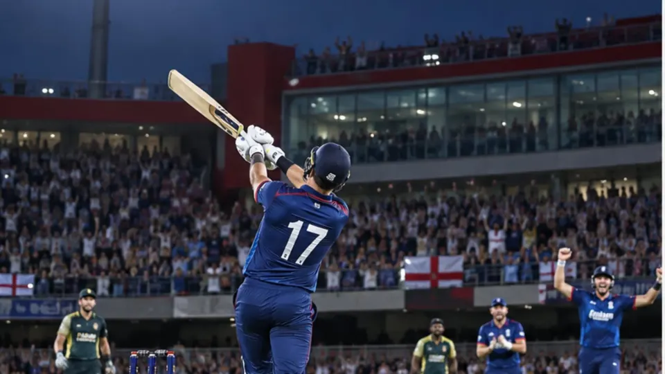 Editorial illustration of an anonymous England batsman striking a six under Old Trafford floodlights
