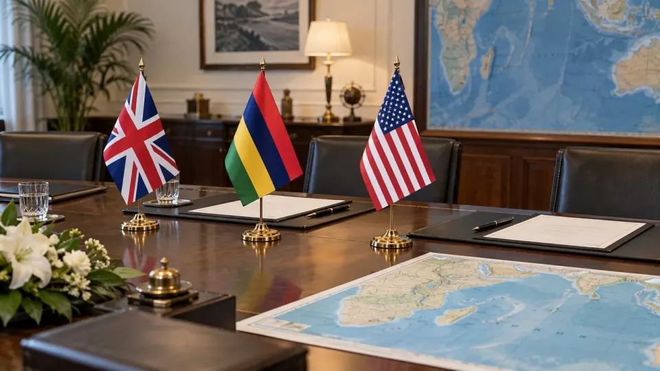 Editorial illustration of British, Mauritian and US flags beside treaty papers