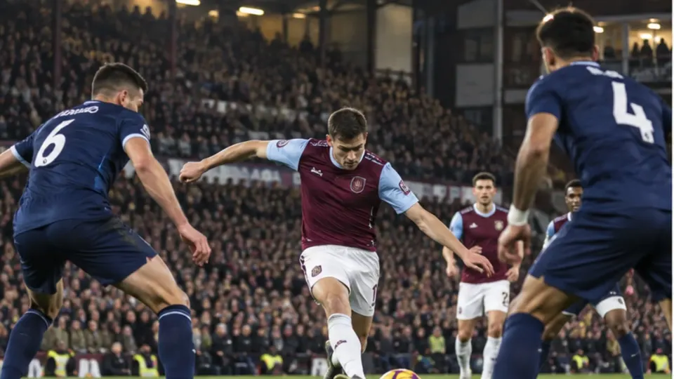 Editorial illustration of anonymous claret-and-blue and navy players contesting a fierce London derby