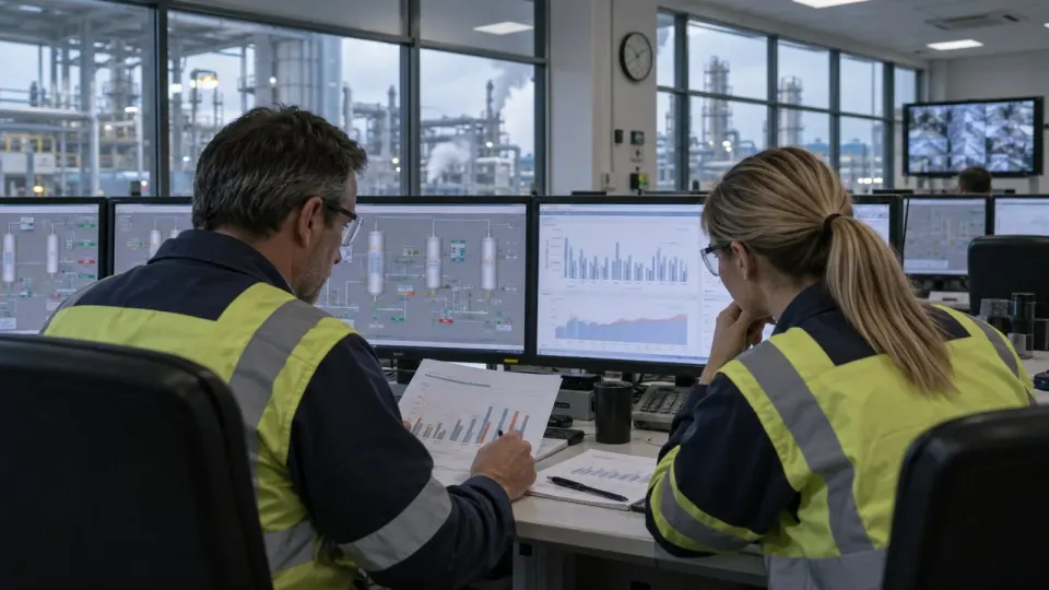 Editorial illustration of engineers reviewing idle chemical-plant systems in a control room