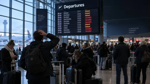 Passengers waiting beneath a departures board showing delays and cancellations at a UK airport