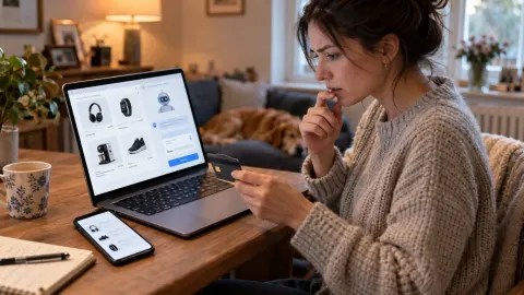 Editorial illustration of a shopper cautiously reviewing an AI-assisted online purchase