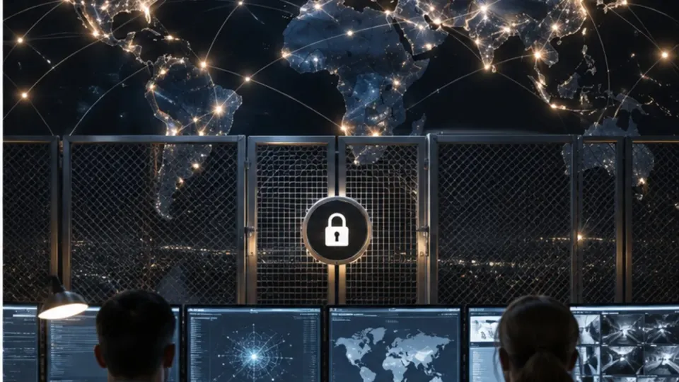 Editorial illustration of a global computer network behind a locked barrier and human oversight desk