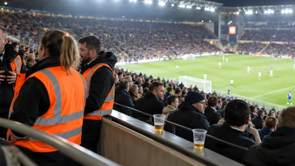 Editorial illustration of stewards monitoring supporters beside a stadium seating area