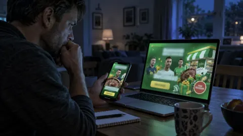 Editorial illustration of a consumer examining suspicious supermarket-themed casino adverts on a laptop and phone