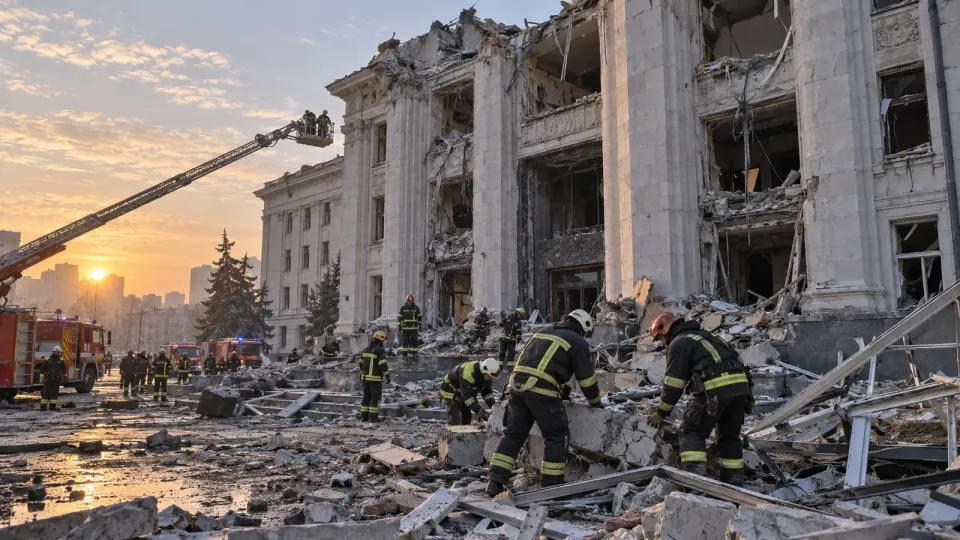 Editorial illustration of Ukrainian firefighters clearing debris from a damaged civic building