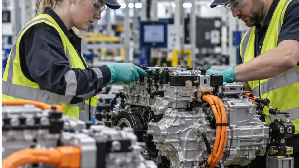 Editorial illustration of automotive workers inspecting hybrid vehicle components at a large Sunderland factory