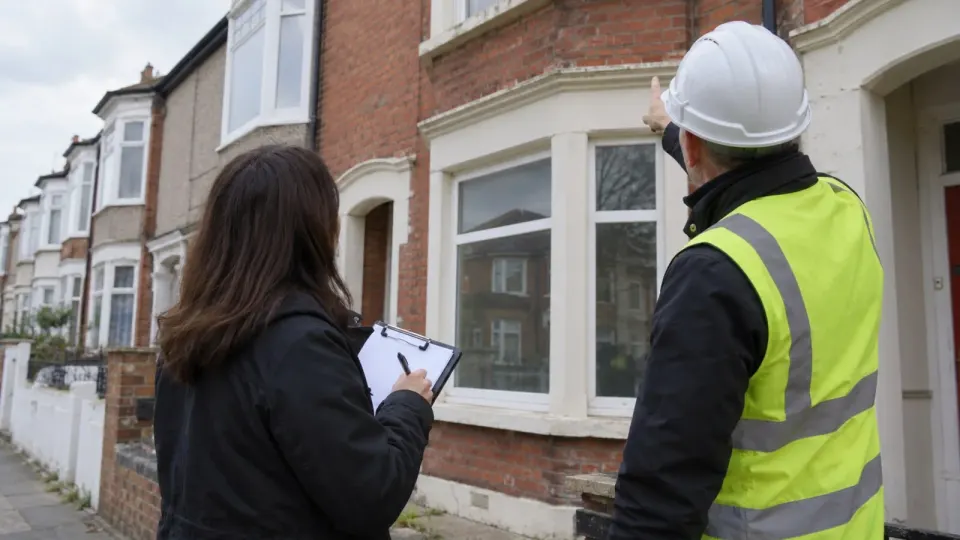 Editorial illustration of council officers inspecting the exterior of an empty British home