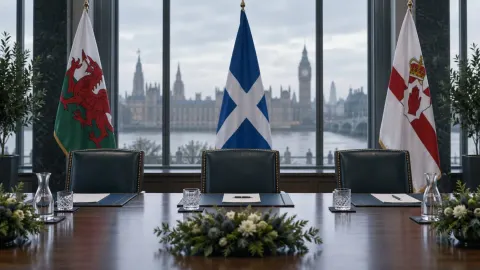 Editorial illustration of the Welsh, Scottish and Northern Irish flags meeting around a table facing Westminster