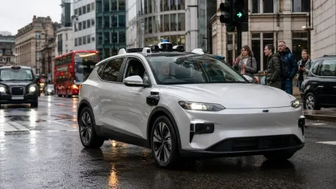 A self-driving taxi moving through central London with a human safety driver visible inside