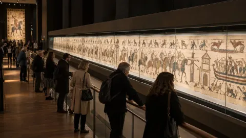 Editorial illustration of visitors viewing the Bayeux Tapestry inside a dramatic British Museum gallery