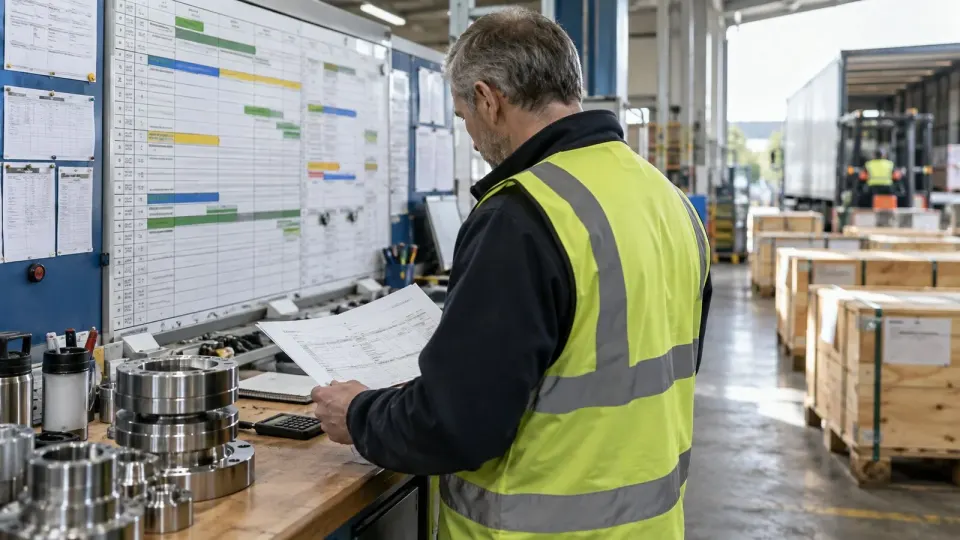 Editorial illustration of a factory manager reviewing production plans and outgoing goods