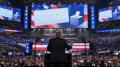 Editorial illustration of a five-thousand-dollar political dividend cheque on a US election stage