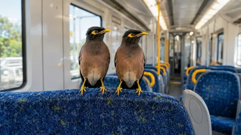 Two common myna birds perched together on a seat inside a commuter train