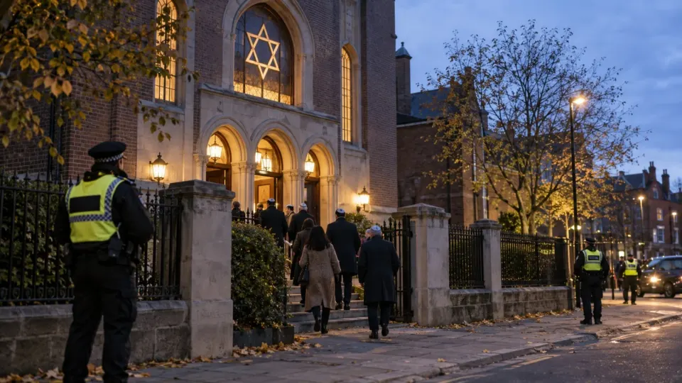 Editorial illustration of police providing reassurance outside a Manchester synagogue