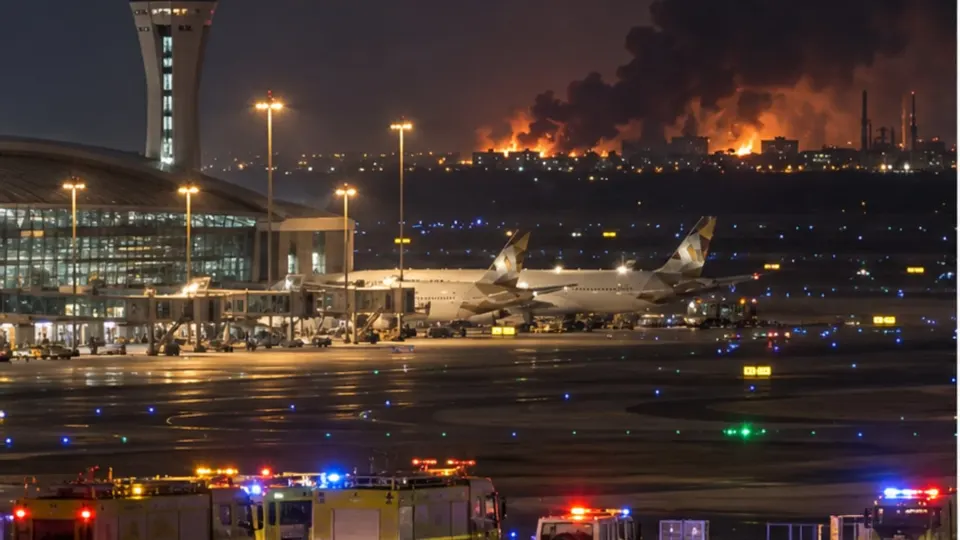 Editorial illustration of smoke beyond a large Middle Eastern airport as emergency vehicles gather