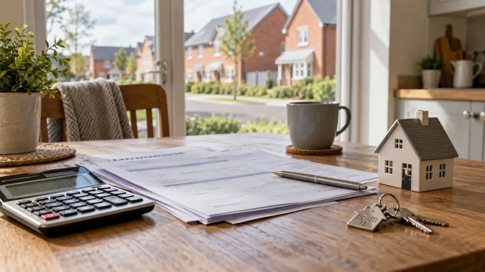 Editorial illustration of house keys, mortgage paperwork and a calculator on a kitchen table