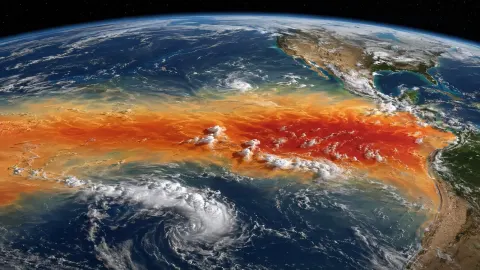 A satellite-style view of an unusually broad belt of warm water across the tropical Pacific Ocean