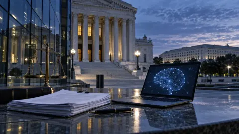 Editorial illustration of legal papers and an abstract AI laptop outside a federal courthouse at blue hour