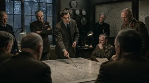 Wartime meteorologist presenting a storm forecast to Allied commanders in a 1944 operations room.