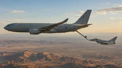 Editorial illustration of a tanker aircraft refuelling a military jet above a desert