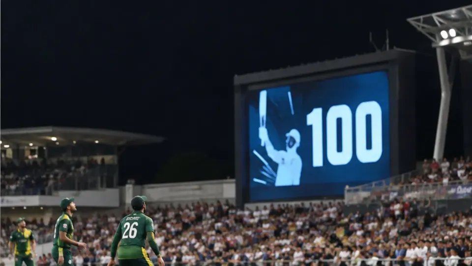 Editorial illustration of a cricket ball flying beyond the boundary as a scoreboard shows a rapid T20 century