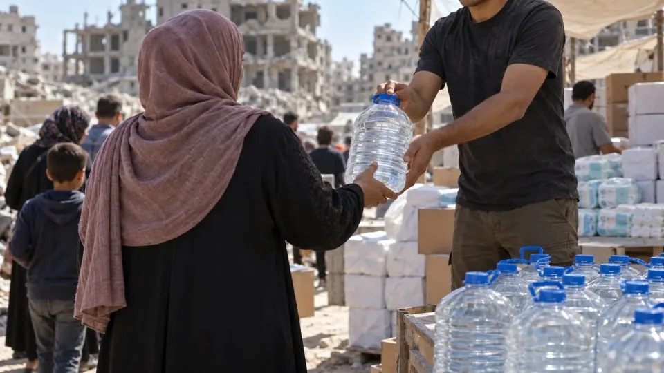 Editorial illustration of a community water distribution point and aid supplies in Gaza