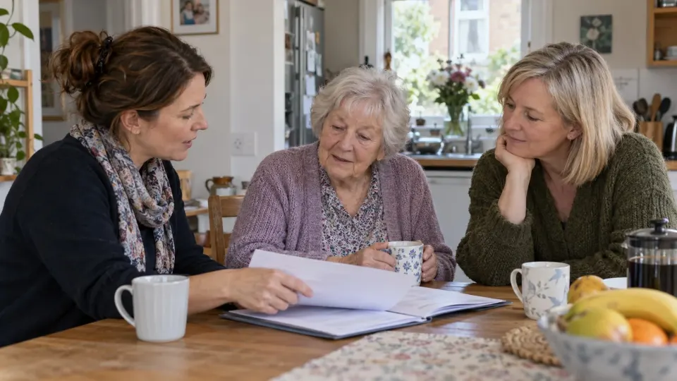 Editorial illustration of an older woman, her daughter and a care professional discussing support at home