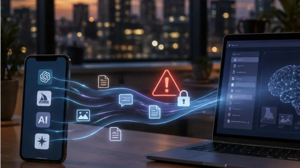 Editorial illustration of workplace AI apps flowing between a personal phone and a company laptop under a warning symbol