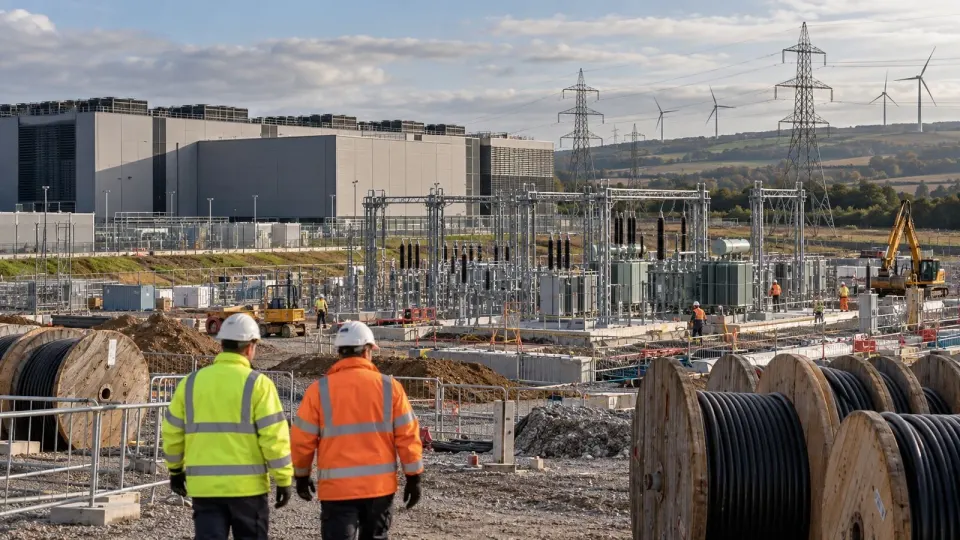 Editorial illustration of a new British substation and data-centre grid connection under construction
