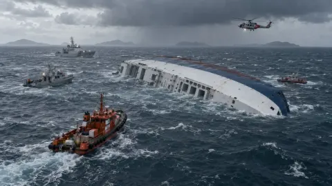 Editorial illustration of rescue ships and a helicopter searching around an overturned passenger ferry in rough seas