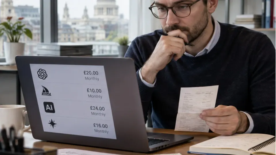 Editorial illustration of a British office worker paying for several AI tools on a laptop beside an expense receipt