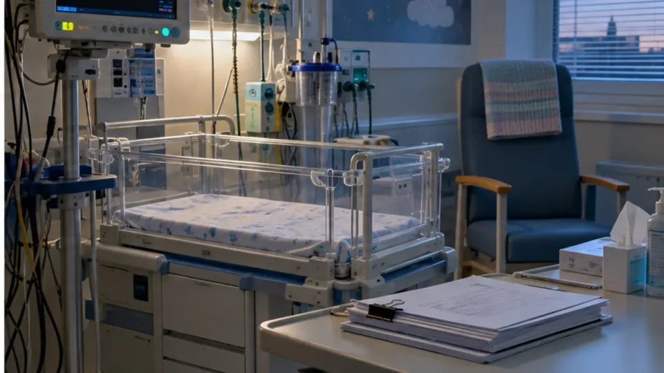 Editorial illustration of a neonatal cot monitor and sealed inquiry papers in a quiet hospital room