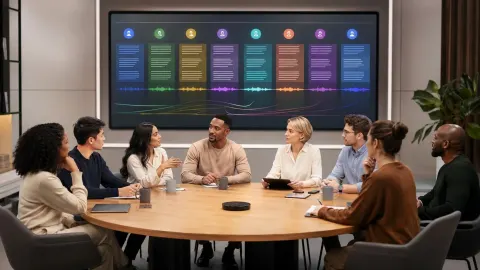 Diverse meeting participants speaking as separate coloured audio paths feed into a live transcription display.