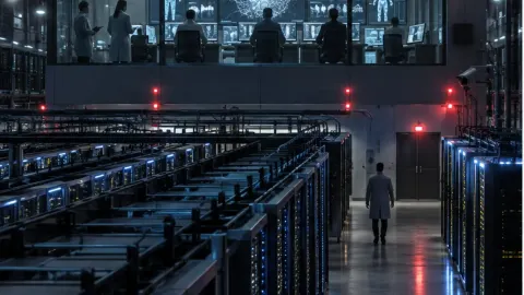 Editorial illustration of a high-security AI research facility watched by anonymous safety researchers