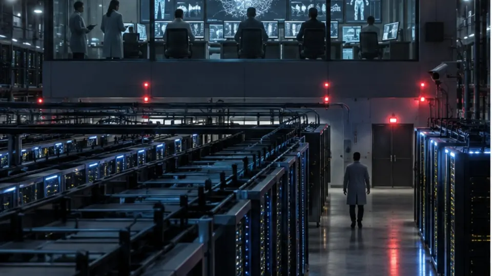 Editorial illustration of a high-security AI research facility watched by anonymous safety researchers
