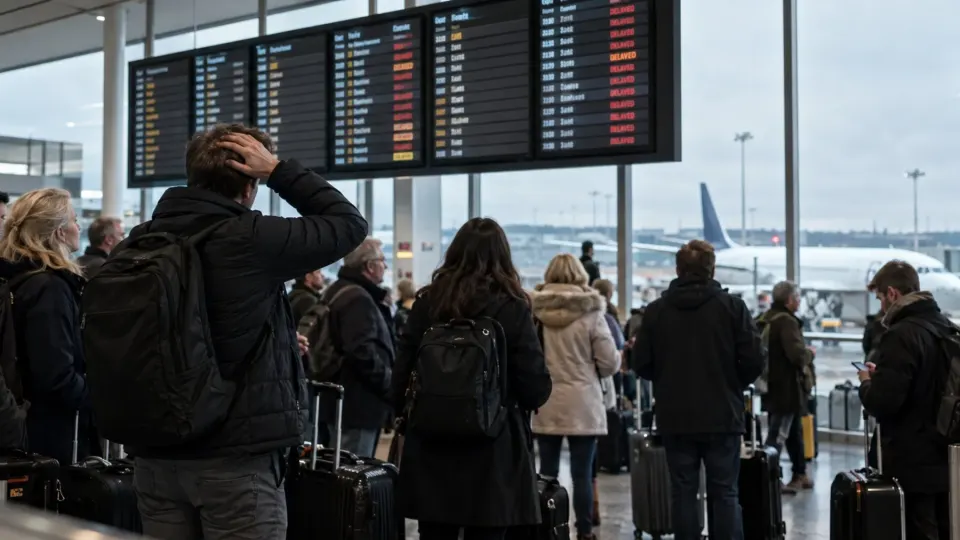 Editorial illustration of delayed passengers waiting beneath an airport departure board